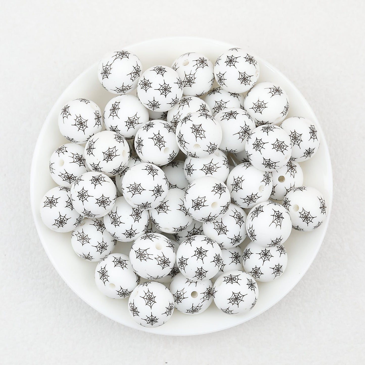 15mm Halloween Spider Web Printed Silicone Beads White Black 50pcs - Small Web