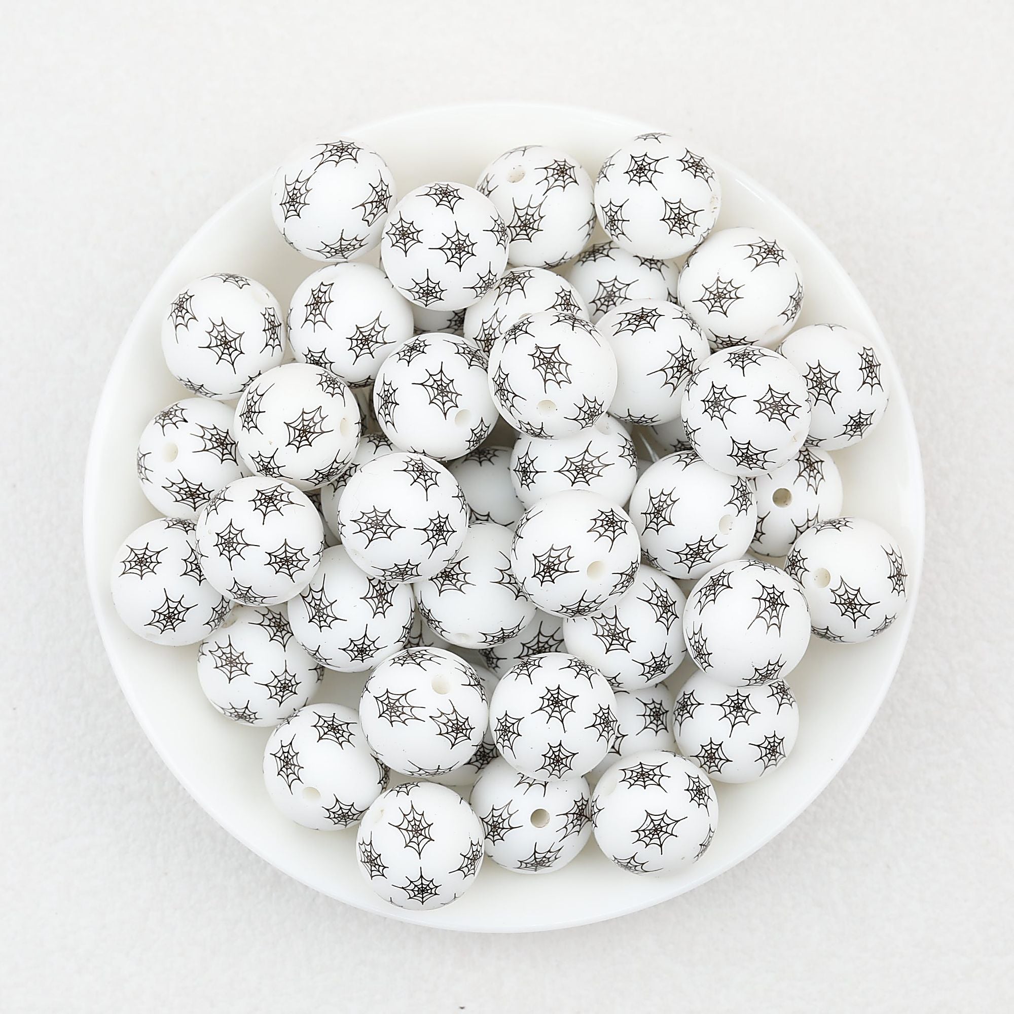 15mm Halloween Spider Web Printed Silicone Beads White Black 50pcs - Small Web