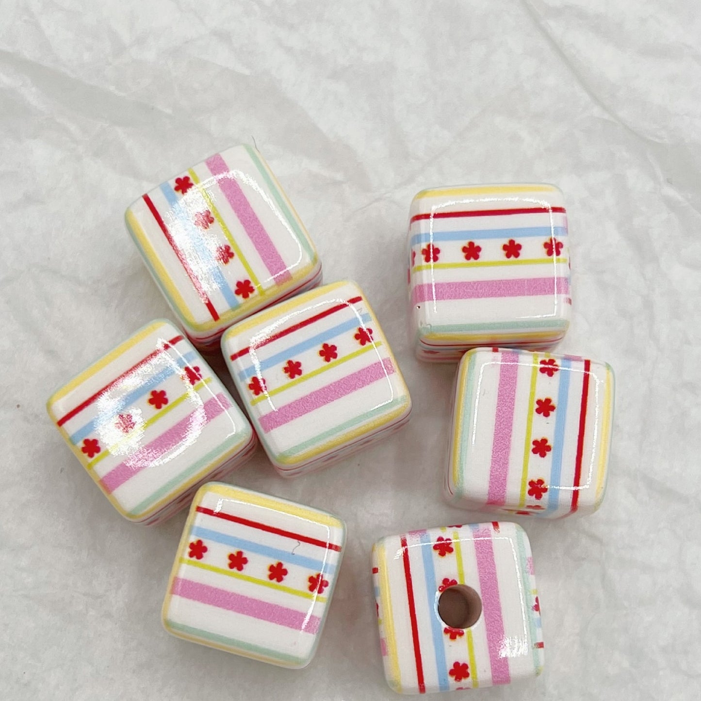 Printed Square Acrylic Beads 14mm Fresh Pink Tone 10pcs 14