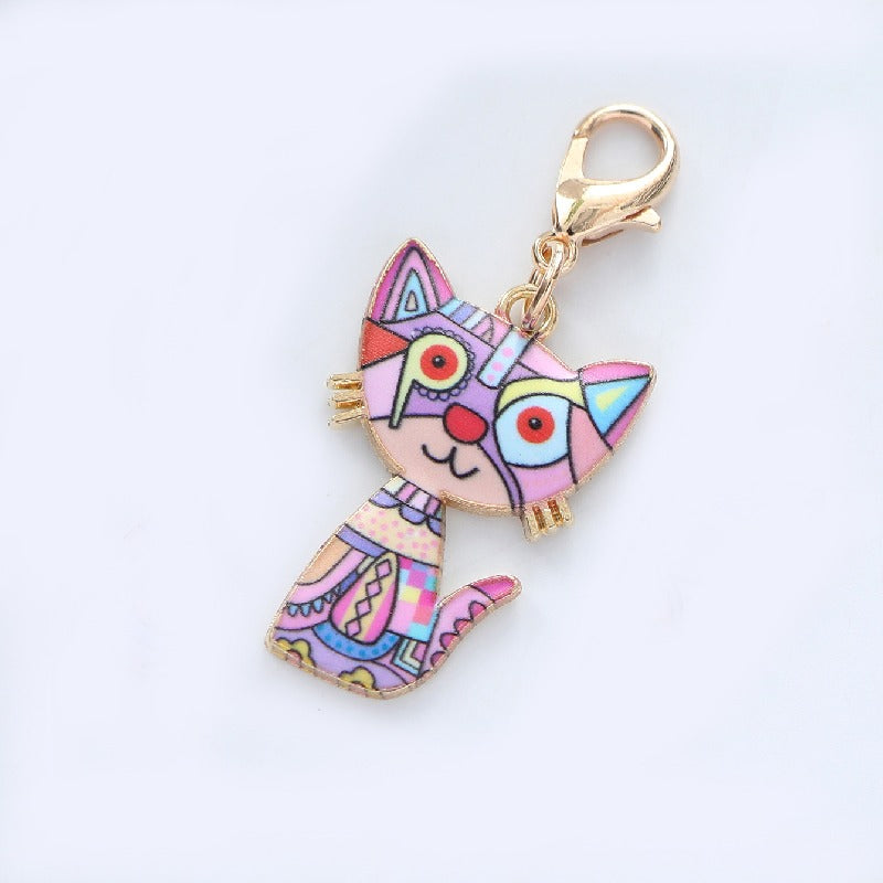 Metal Cartoon Cat Keychain Gold Outline Pastel Colors 3
