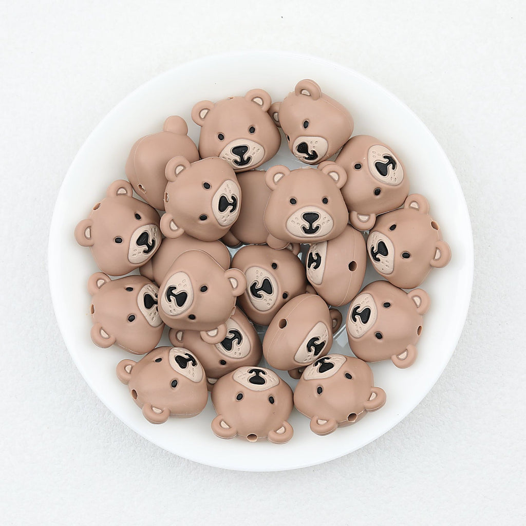 Colorful 3D Bear Head Silicone Focal Beads Cute Animal Design 20pcs - Coffee