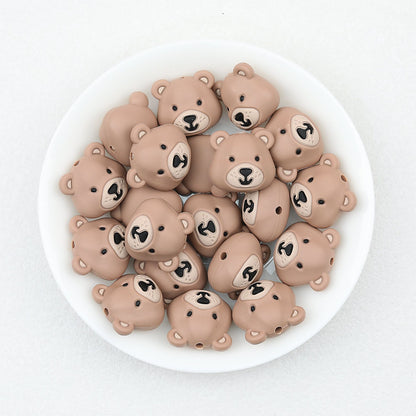 Colorful 3D Bear Head Silicone Focal Beads Cute Animal Design 20pcs - Coffee