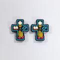 Silicone Focal Beads Encourage Crosses Religious Symbols Outlined in Blue 20pcs