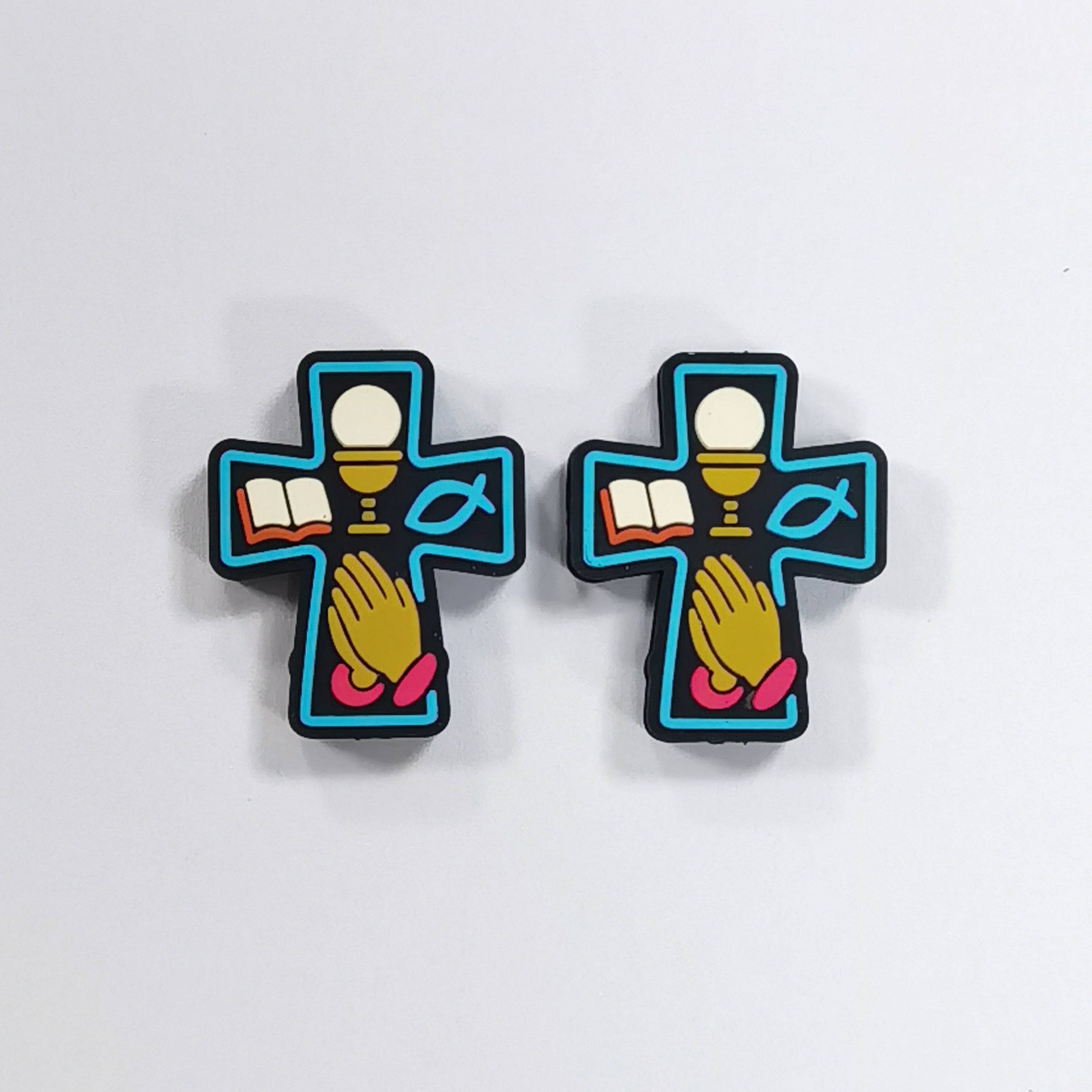 Silicone Focal Beads Encourage Crosses Religious Symbols Outlined in Blue 20pcs