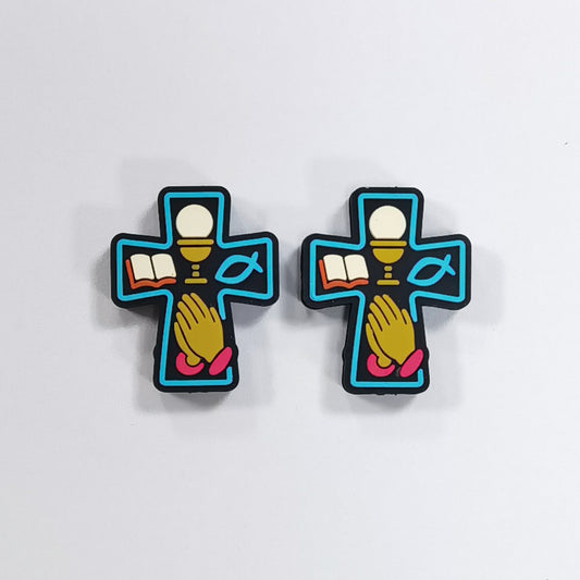 Silicone Focal Beads Encourage Crosses Religious Symbols Outlined in Blue 20pcs