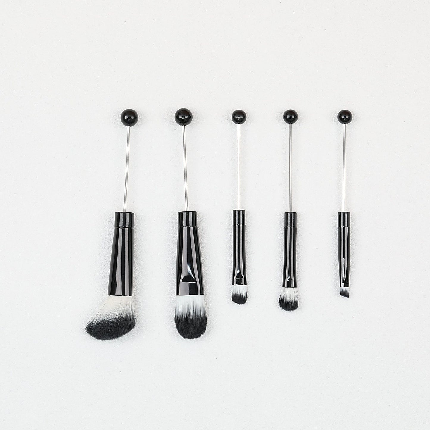 Beadable Makeup Brush Set Metal Handle Artificial Fiber Bristles 5pcs - Black