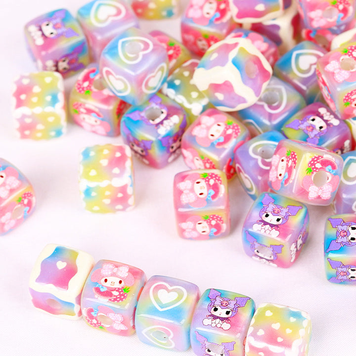 Plating Square Acrylic Beads 14mm Kuromi Cartoon Printed 10pcs