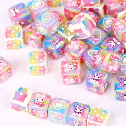 Plating Square Acrylic Beads 14mm Kuromi Cartoon Printed 10pcs