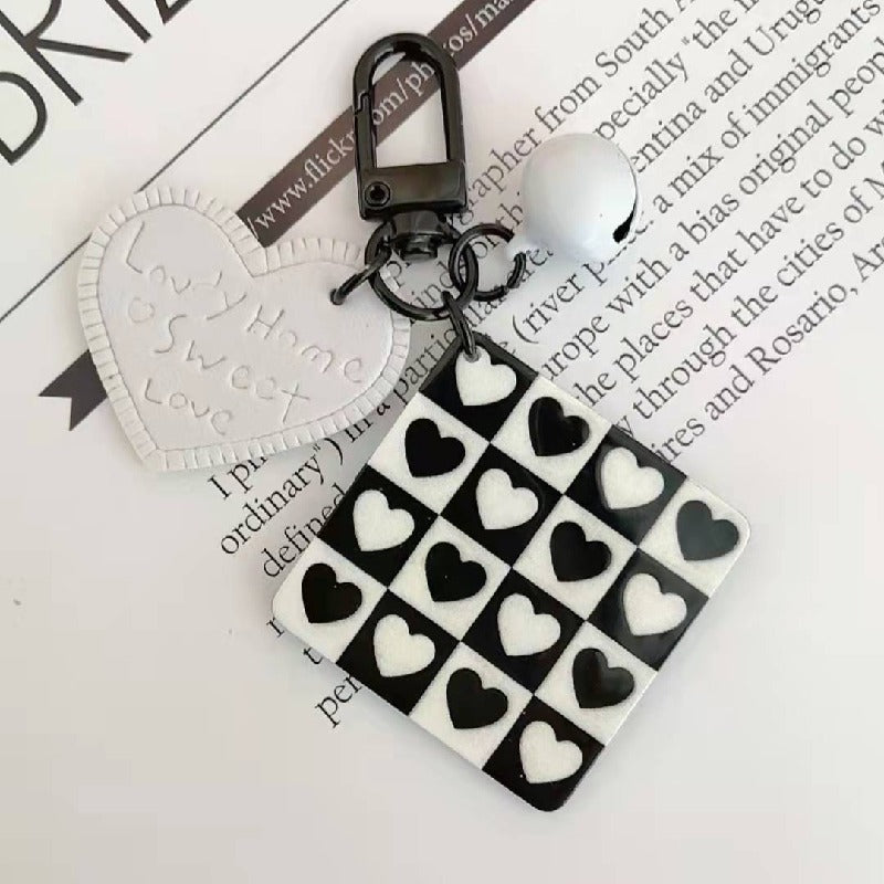 Cartoon Acrylic Plaid Striped Heart Leather Keychain Monochrome Design 6