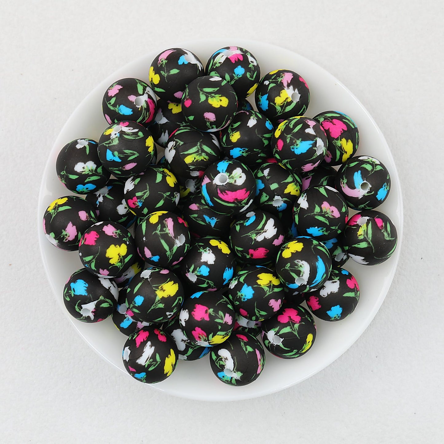 15mm Deep Color Pattern Printed Silicone Round Beads 50pcs - Ink Color Flower