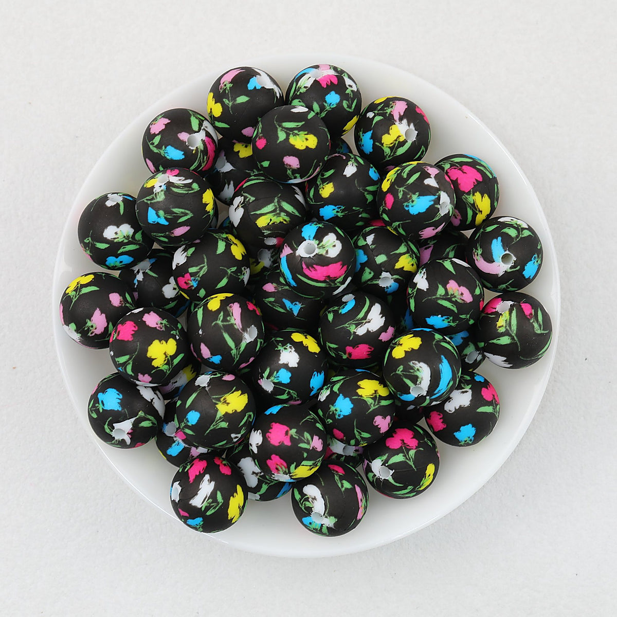 15mm Deep Color Pattern Printed Silicone Round Beads 50pcs - Ink Color Flower