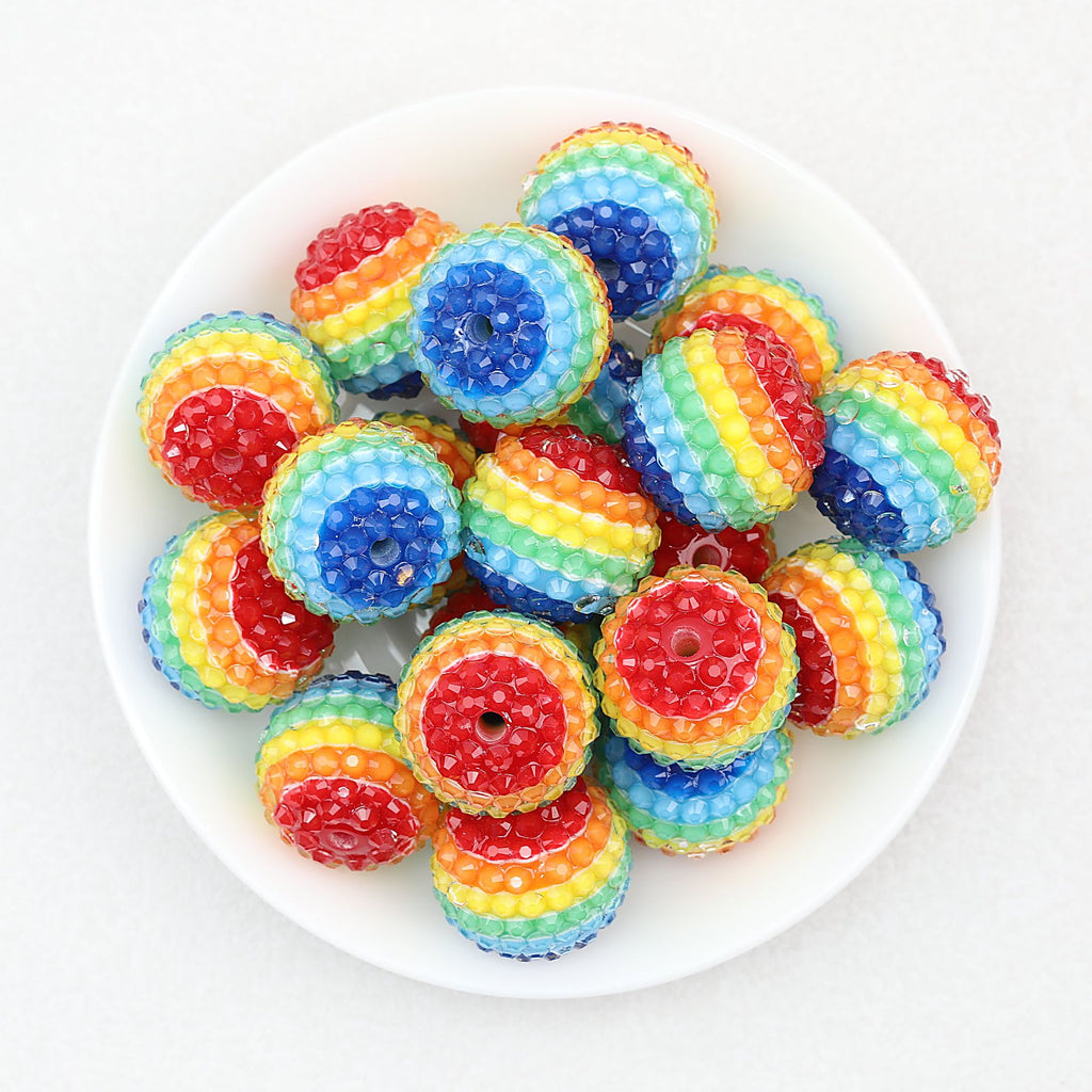 Fancy 22mm Rainbow Stripe Bubblegum Resin Rhinestone Beads 10pcs - Rainbow
