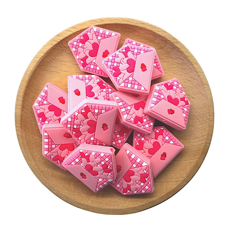 Silicone Focal Beads Valentines Day Heart House Pink Lattice Design 20pcs 2