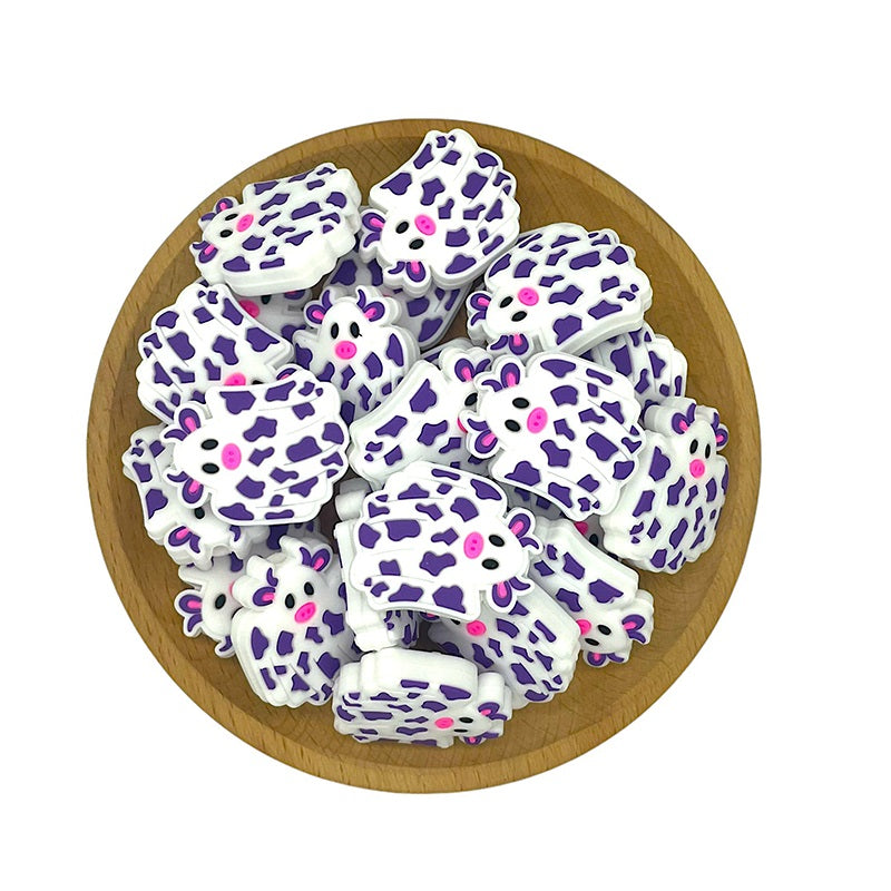 Silicone Focal Beads Halloween Cow Ghost White Purple Spots 20pcs 2