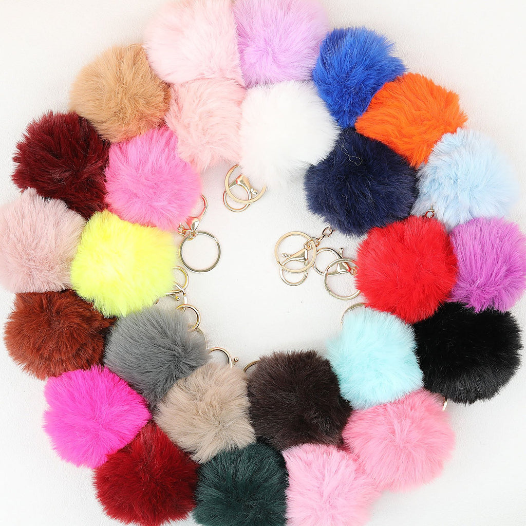 Pom Pom Keychain Fluffy Imitation Rex Rabbit Fur Ball 8cm With Lobster Clasp