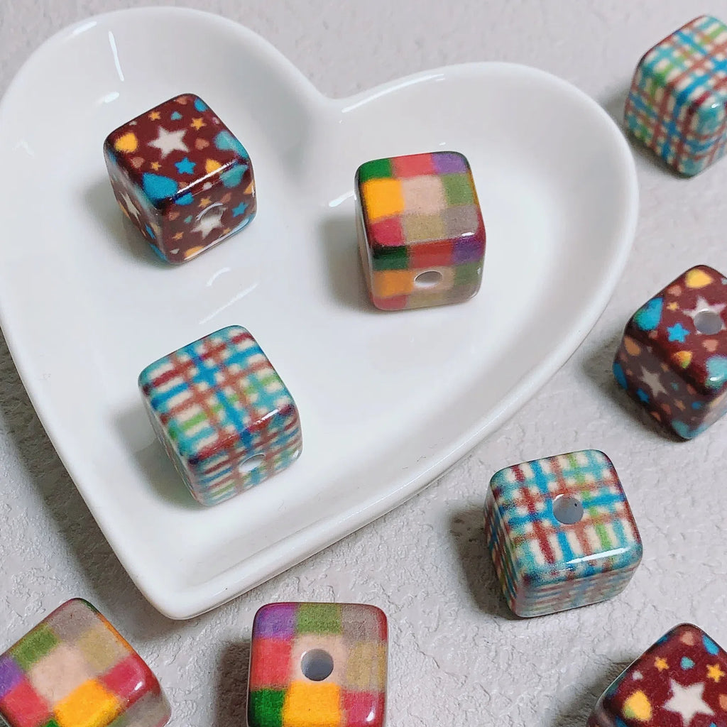 Square Acrylic Beads 15.27mm Mild Winter Color Grid Star Pattern 10pcs 2