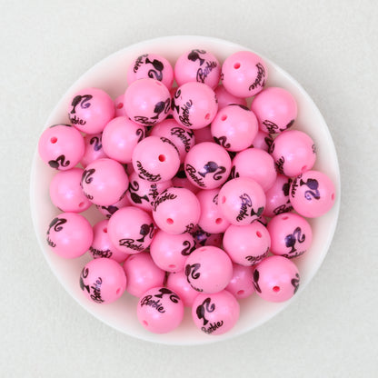 15mm Pink Barbie Print Round Silicone Beads 50pcs 3