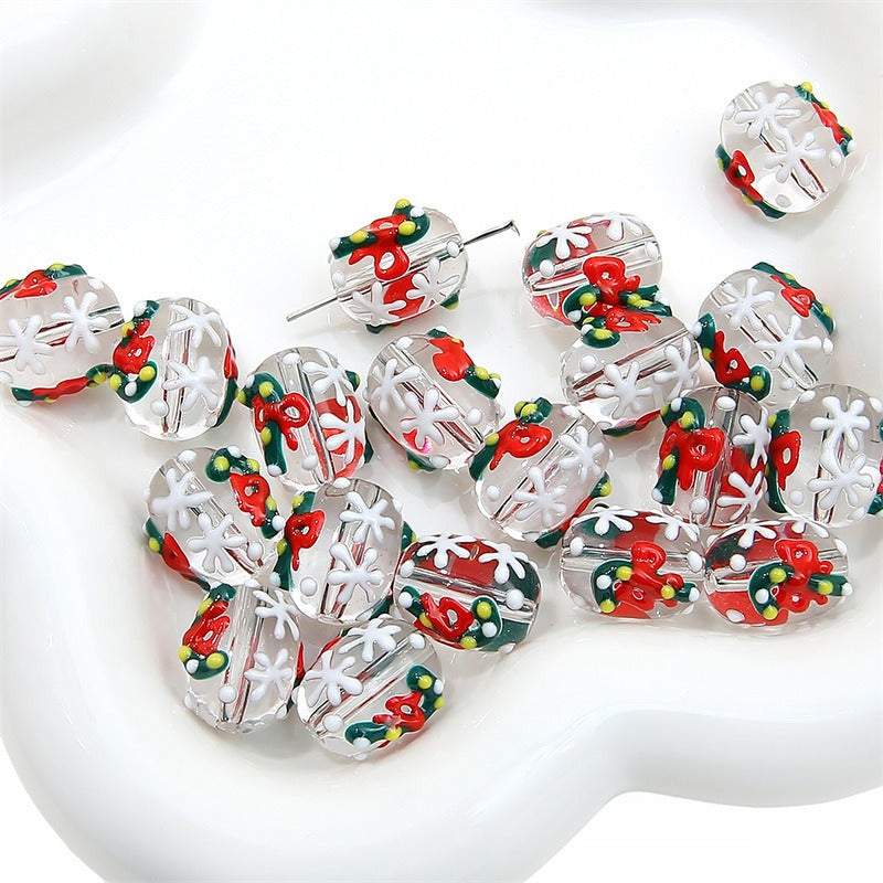 Hand Drawn Christmas Glass Beads 14mmx16mm Holiday Focal Beads 10