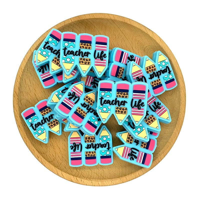 Silicone Focal Beads Teacher Life Pencil Trio with Script 20pcs 2