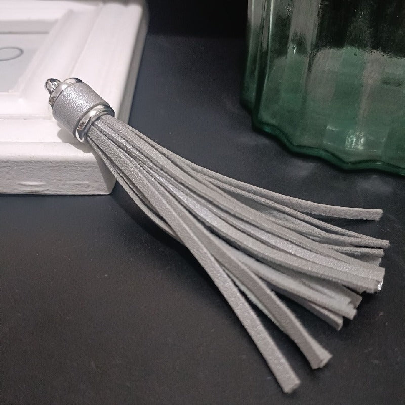 Silver PU Leather Tassel Keychain Metallic 9cm Length 18