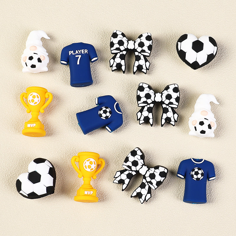 3D Football Theme Silicone Focal Beads Wholesale, Heart Trophy Jersey Bow White Gnome