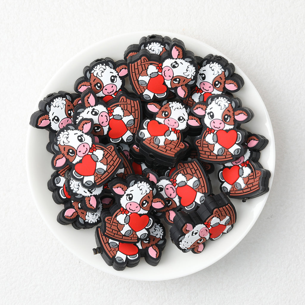 Cute Cow Heart Basket Silicone Focal Beads 20Pcs  2
