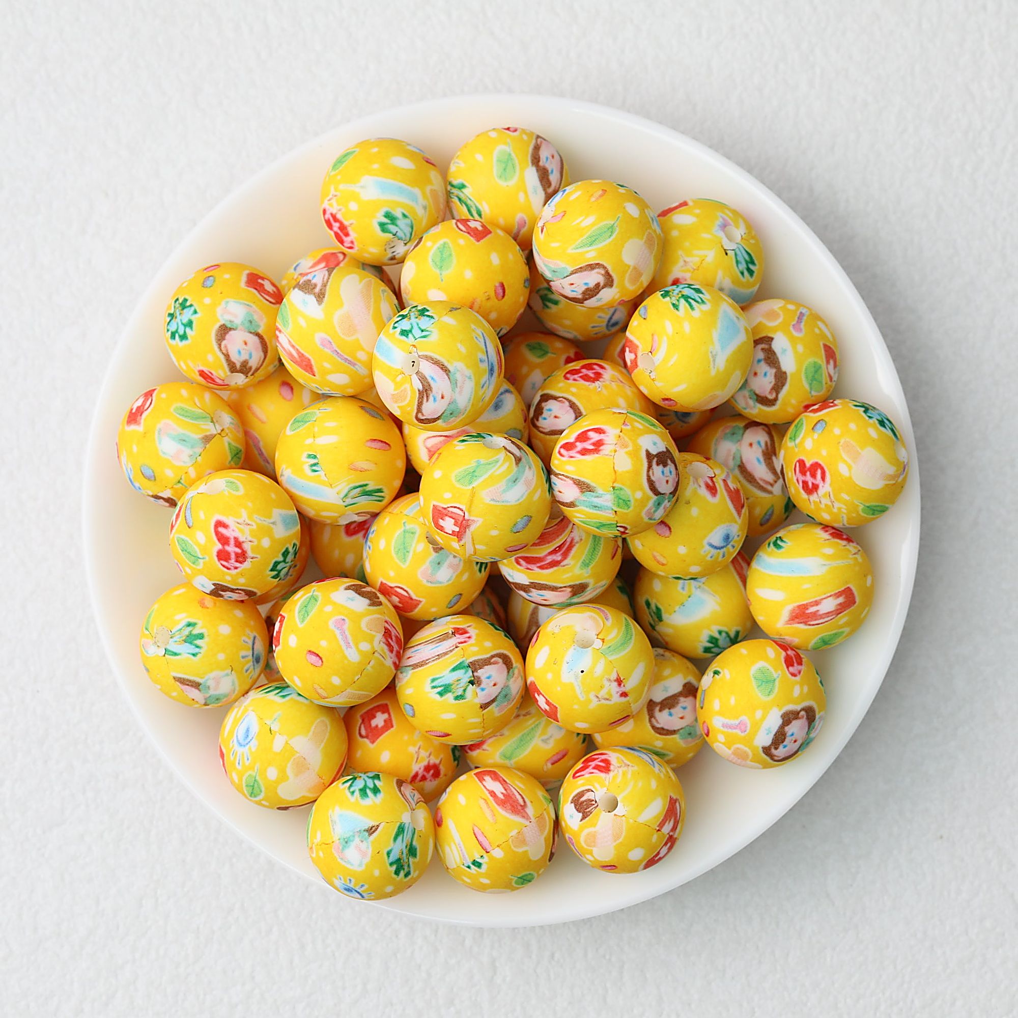 15mm Printed Silicone Beads with Nurse Ambulance and Floral Designs 50pcs - Nurse Yellow