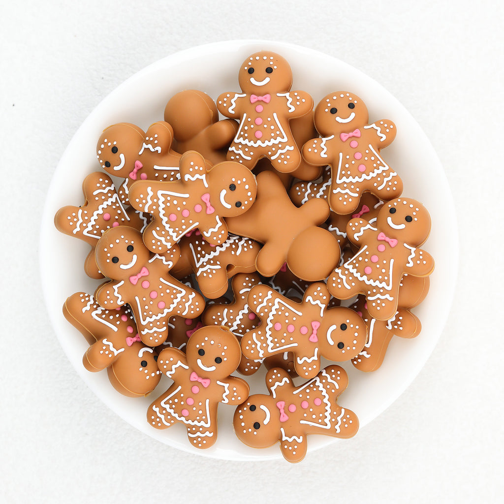 3D Gingerbread Girl Silicone Focal Beads Wholesale, Christmas Cookie Pink Bow White Icing