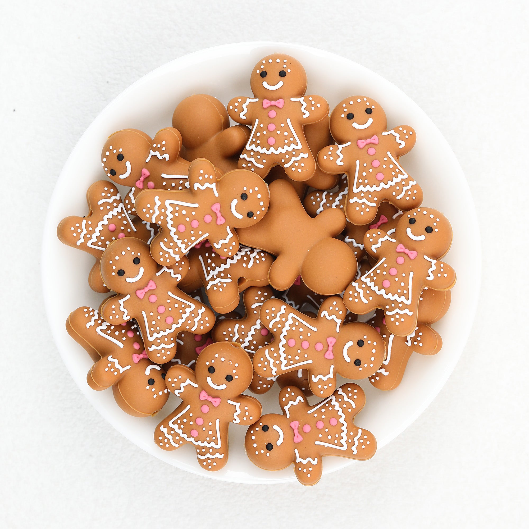 3D Gingerbread Girl Silicone Focal Beads Wholesale, Christmas Cookie Pink Bow White Icing