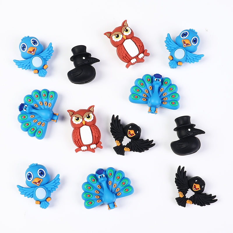 3D Bird Silicone Focal Beads Owl Peacock Cute Animal Charms 20pcs 2
