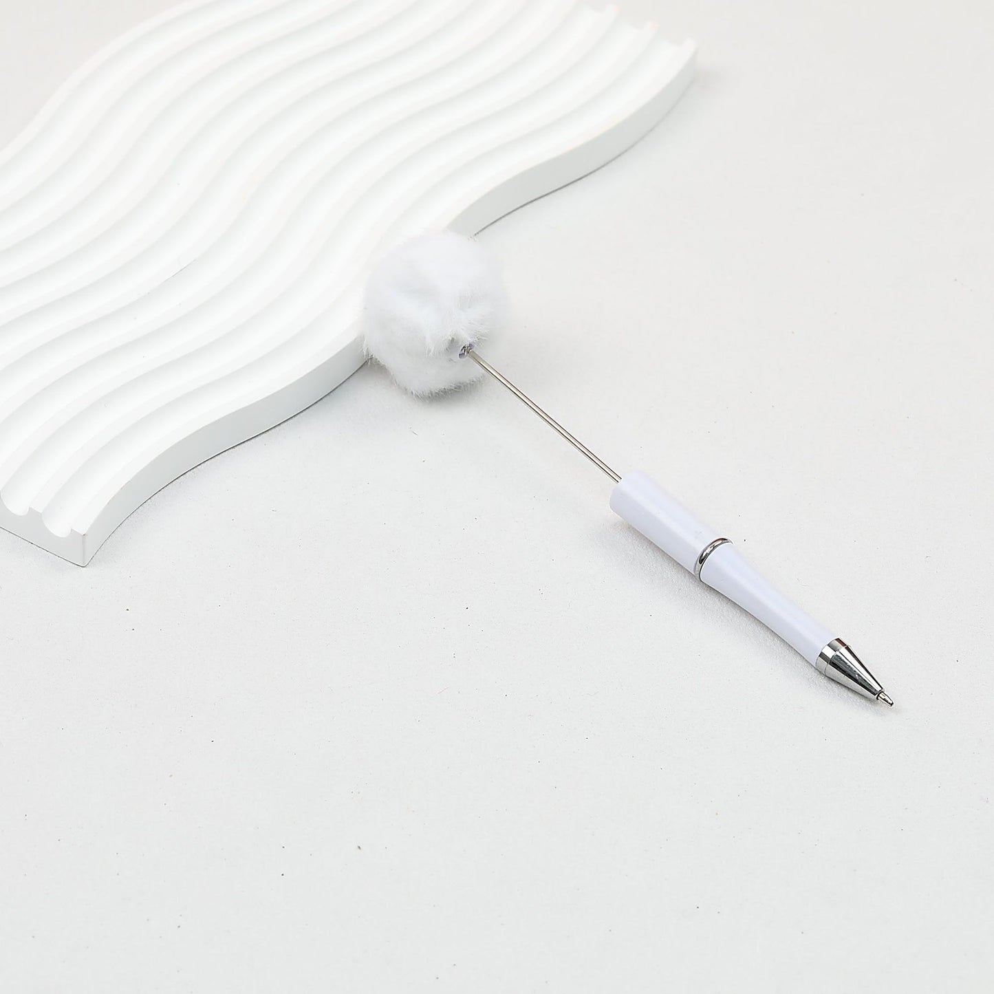 Beadable Pen Plush Pom-pom Colorful Ballpoint - white