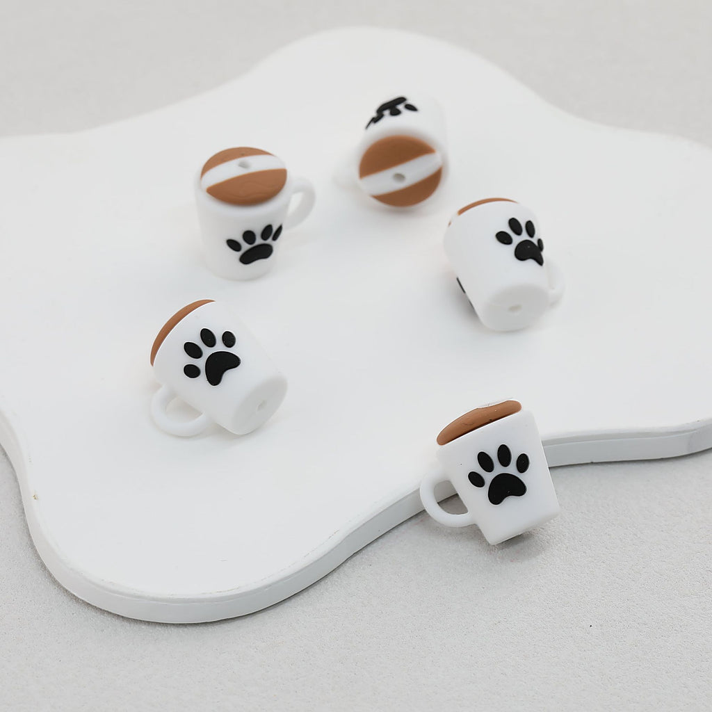 3D Dog Paw and Coffee Cup White Brown Silicone Focal Beads 20pcs