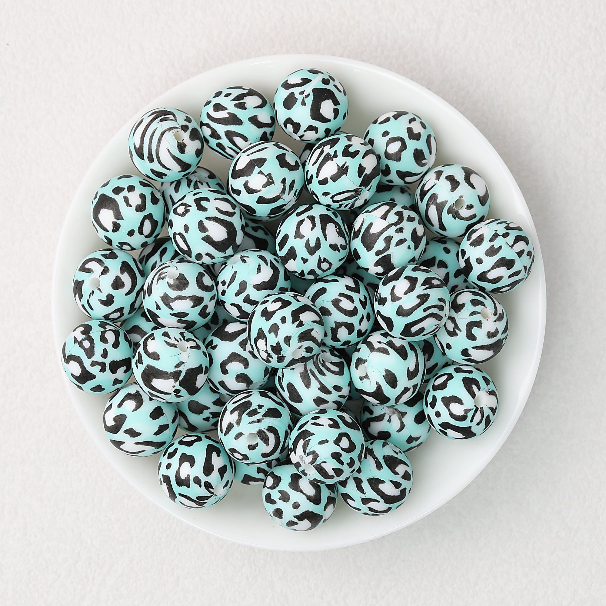15mm Leopard Pattern Silicone Round Beads 50pcs - White Dot Blue Leopard