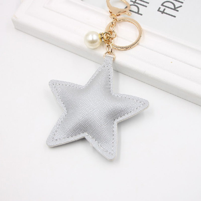 Leather Star Keychain with Faux Pearl Charm Gold and Silver 6