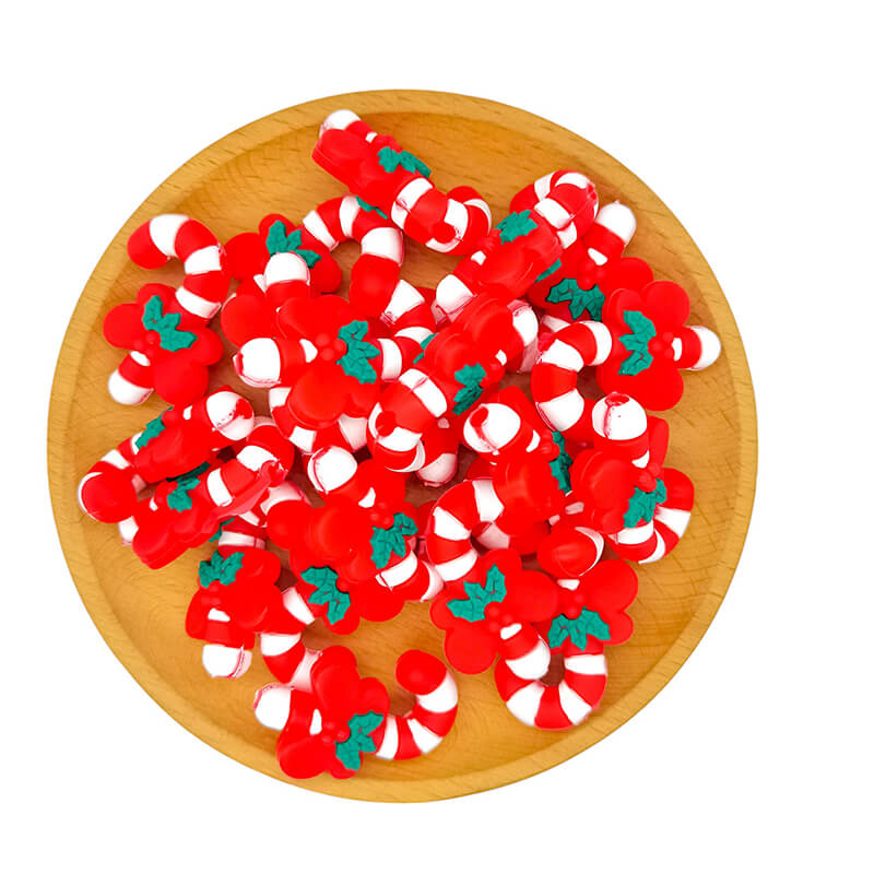Silicone 3D Focal Beads Christmas Candy Cane With Green Leaf Red Bow 2
