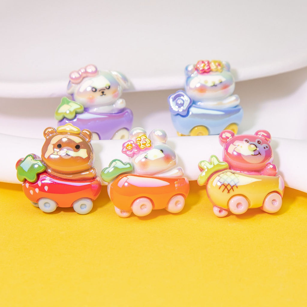 Cute Animal Driving Fruit Cart Resin Beads Glossy Mixed 10pcs 5