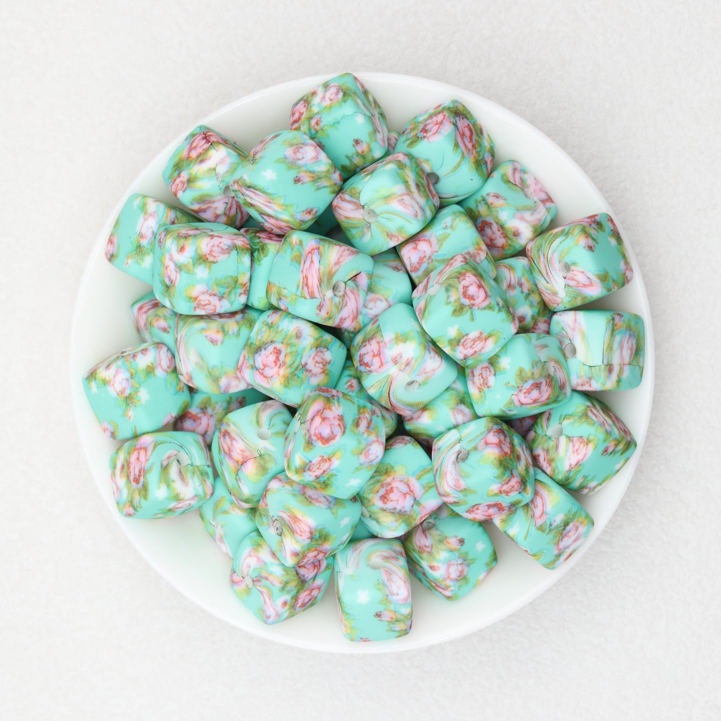 Floral Pattern 13.5mm Square Silicone Beads Printed Design 50pcs 7