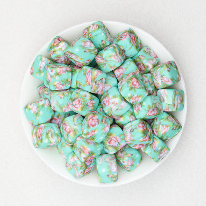 Floral Pattern 13.5mm Square Silicone Beads Printed Design 50pcs 7
