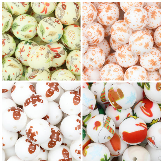 Christmas Theme 15mm Printed Silicone Round Beads 50pcs