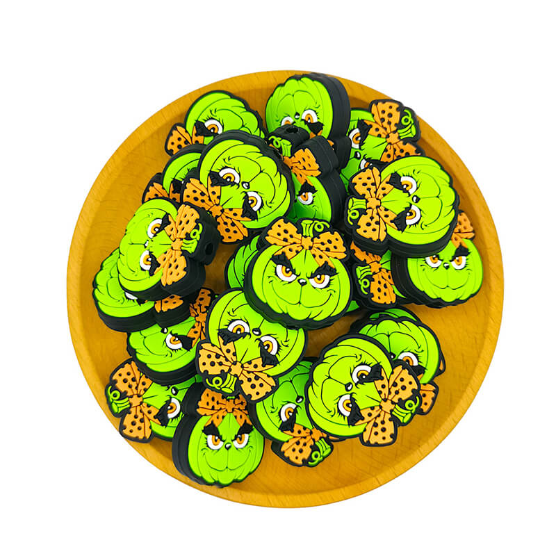 Silicone Focal Beads Halloween Pumpkin with Leopard Bow 2