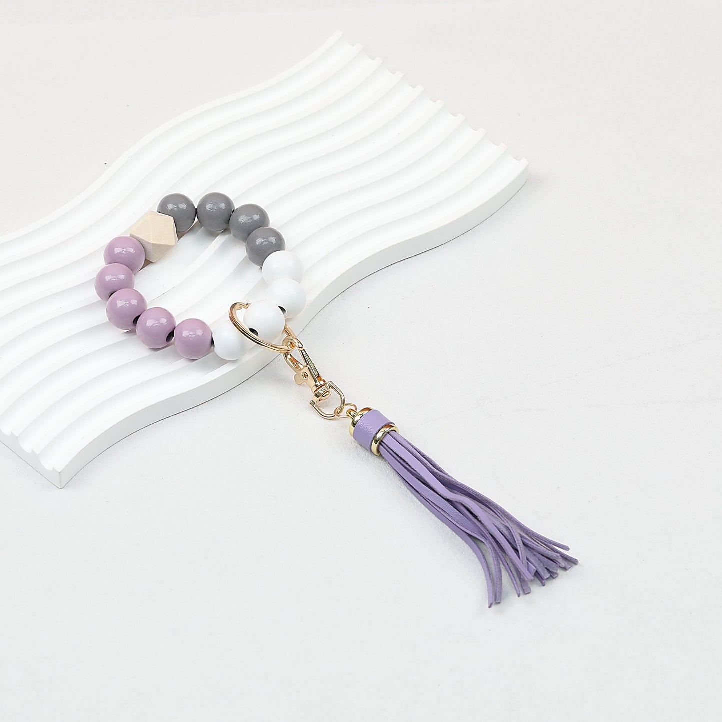 Tassel Wooden Beaded Keychain with PU Leather Tassel 23x10cm - purple