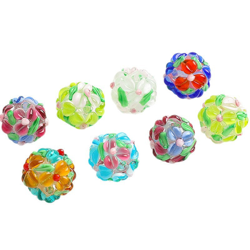 Colorful Flower Pattern Round Glass Beads 15mm 10pcs 5