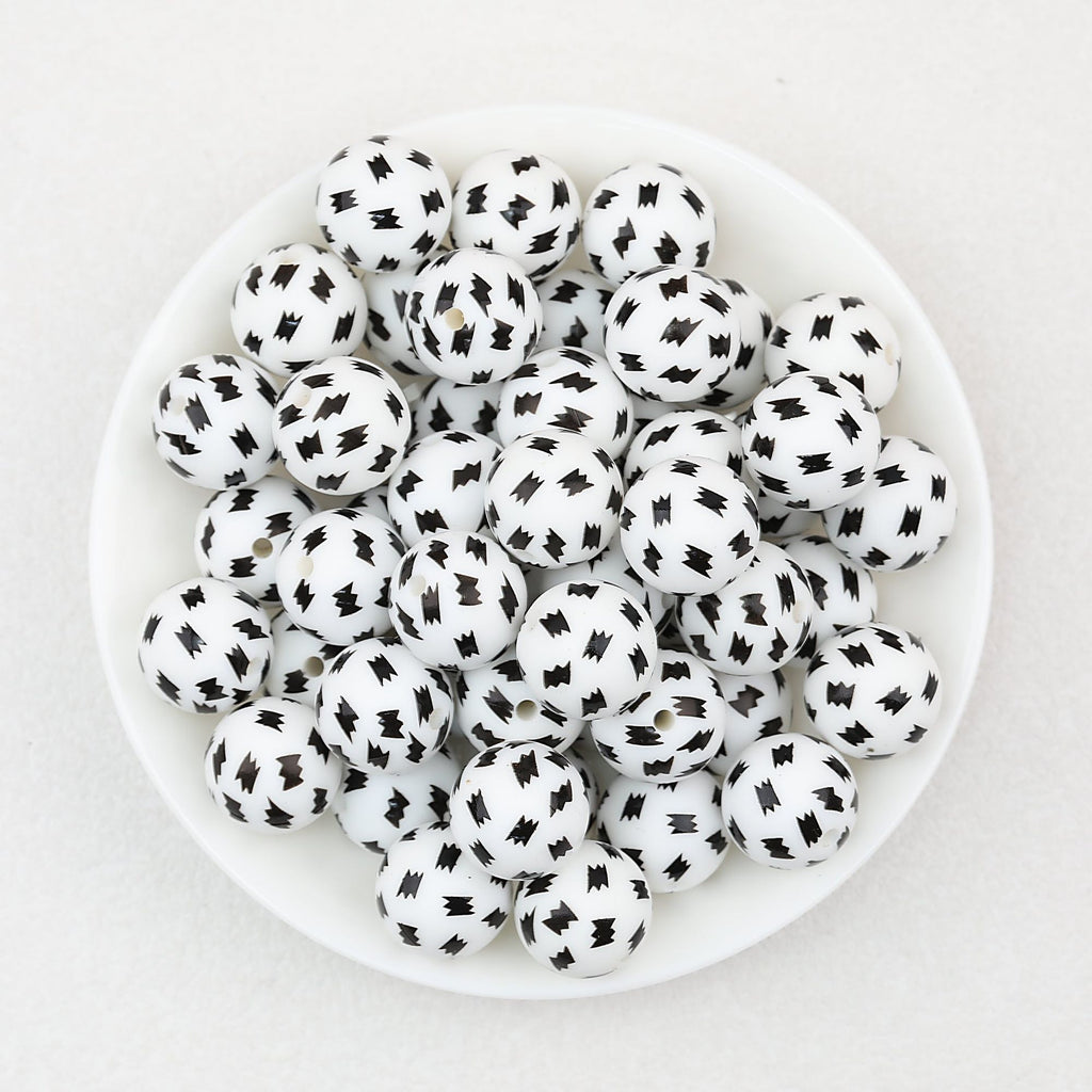 15mm Black and White Printed Round Silicone Beads 50pcs - Pattern 1
