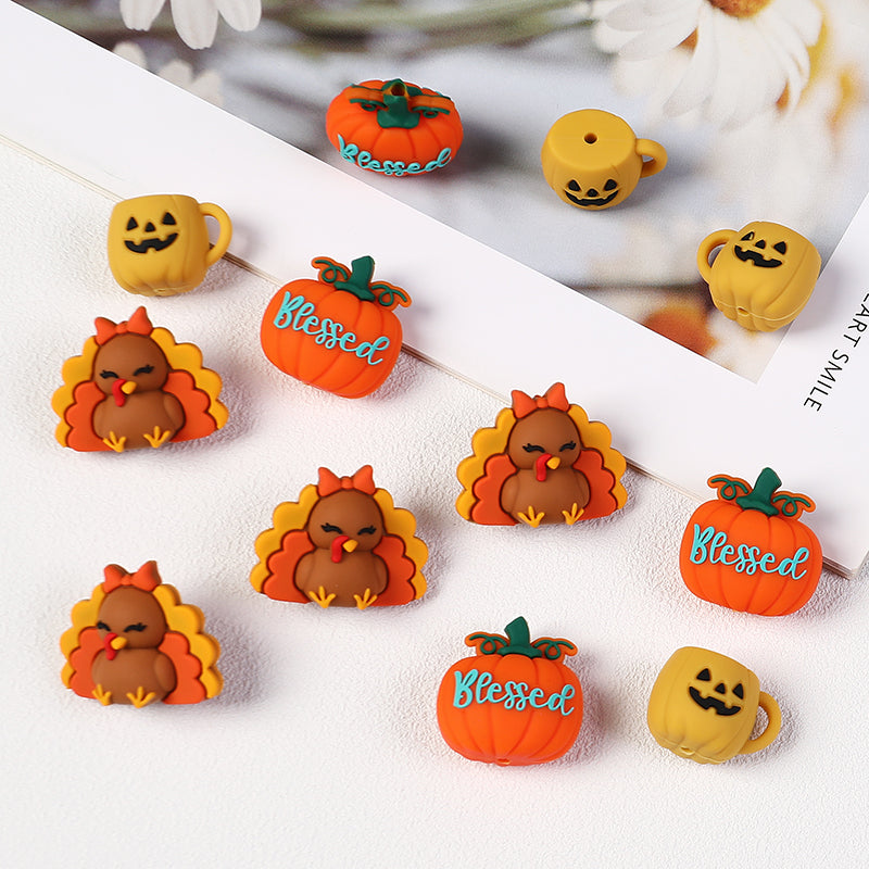 3D Thanksgiving Silicone Focal Beads Turkey Pumpkin Cup Design 20pcs 3