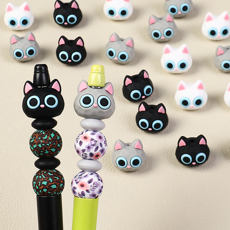  3D Large Eye Cat Heads Silicone Focal Beads 20Pcs 6