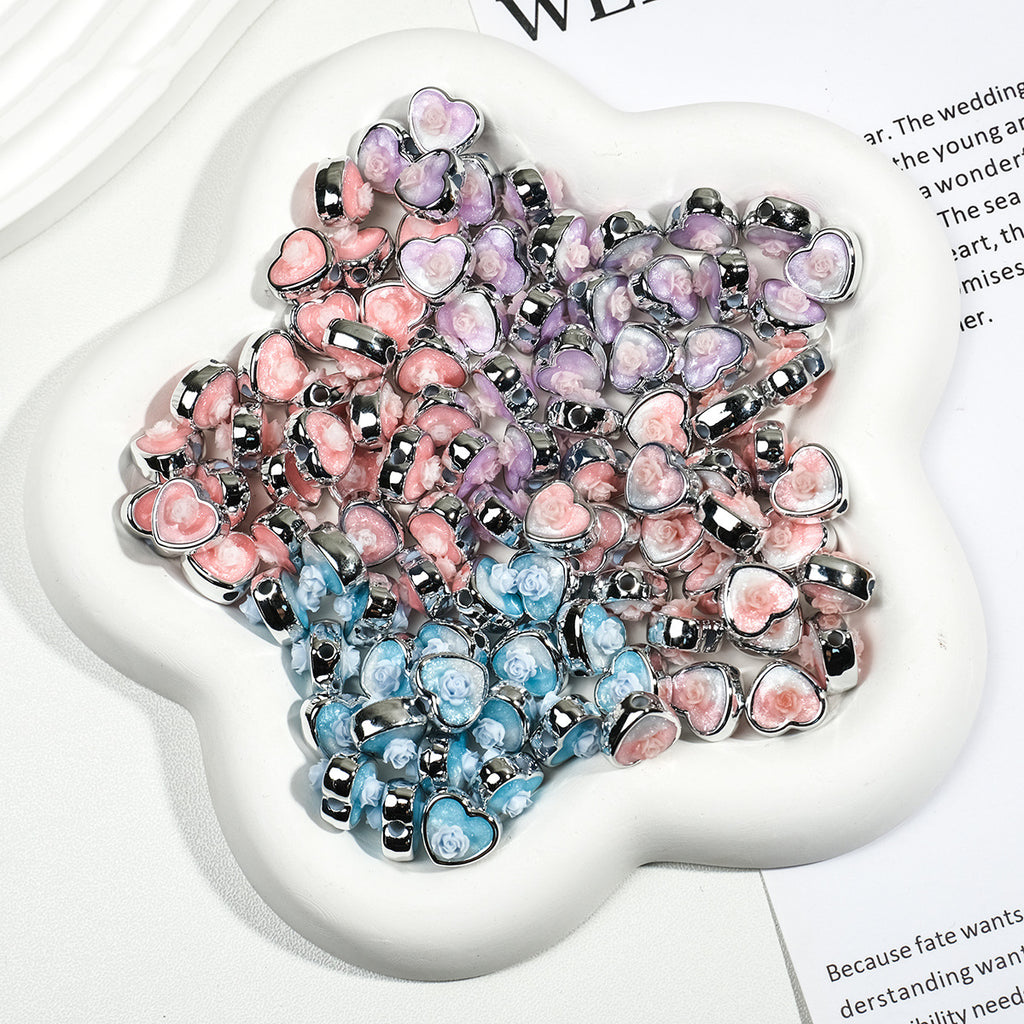 Plating Glitter Floral Heart Acrylic Beads 12mm Pastel Colors 50pcs 2
