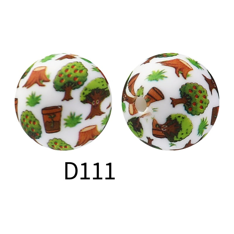 15mm Round Silicone Beads Floral Pattern Printed Design 50pcs