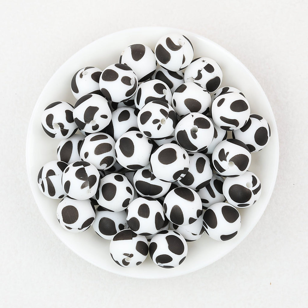 15mm Black and White Patterned Silicone Round Beads 50pcs - Spotted Cow