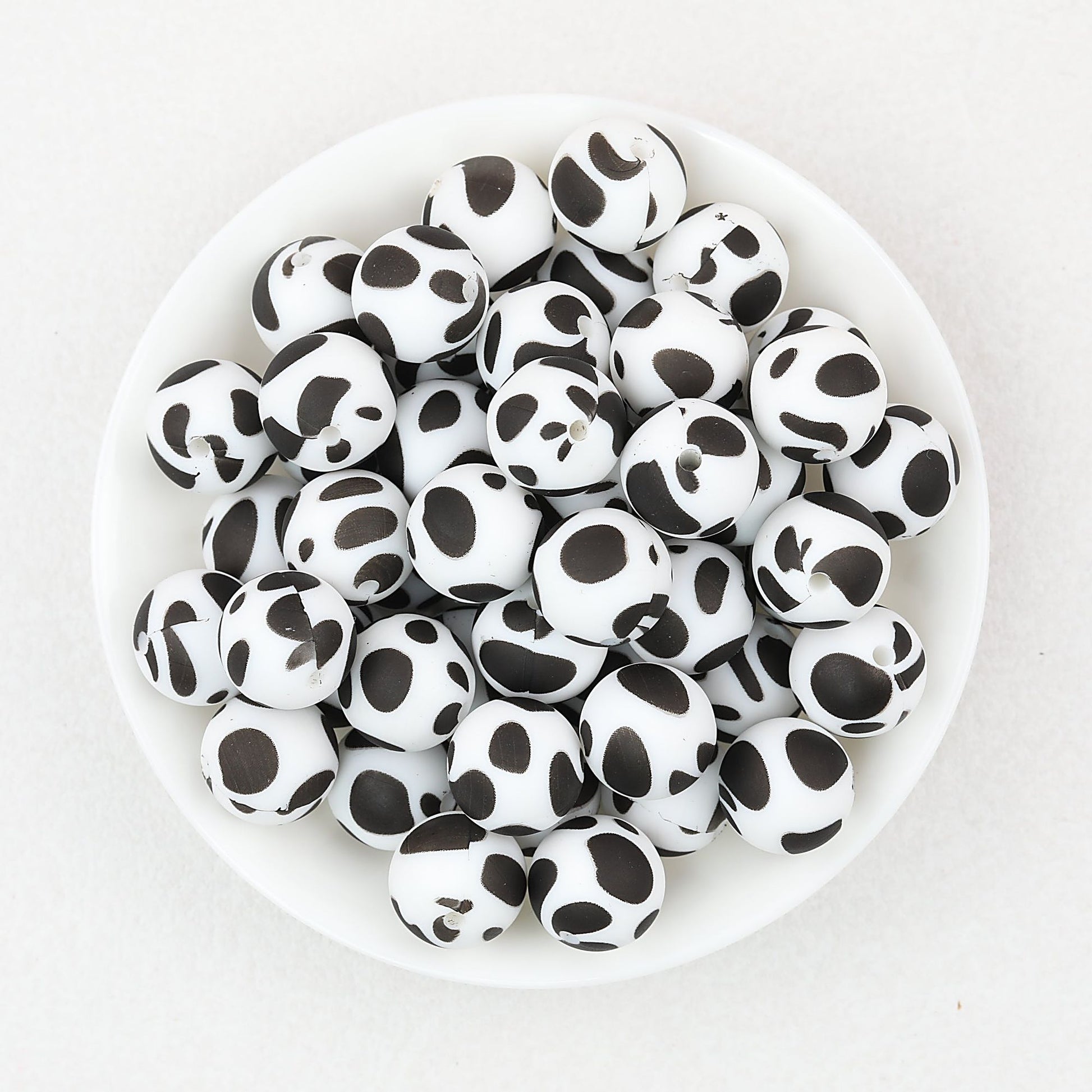 15mm Black and White Patterned Silicone Round Beads 50pcs - Spotted Cow