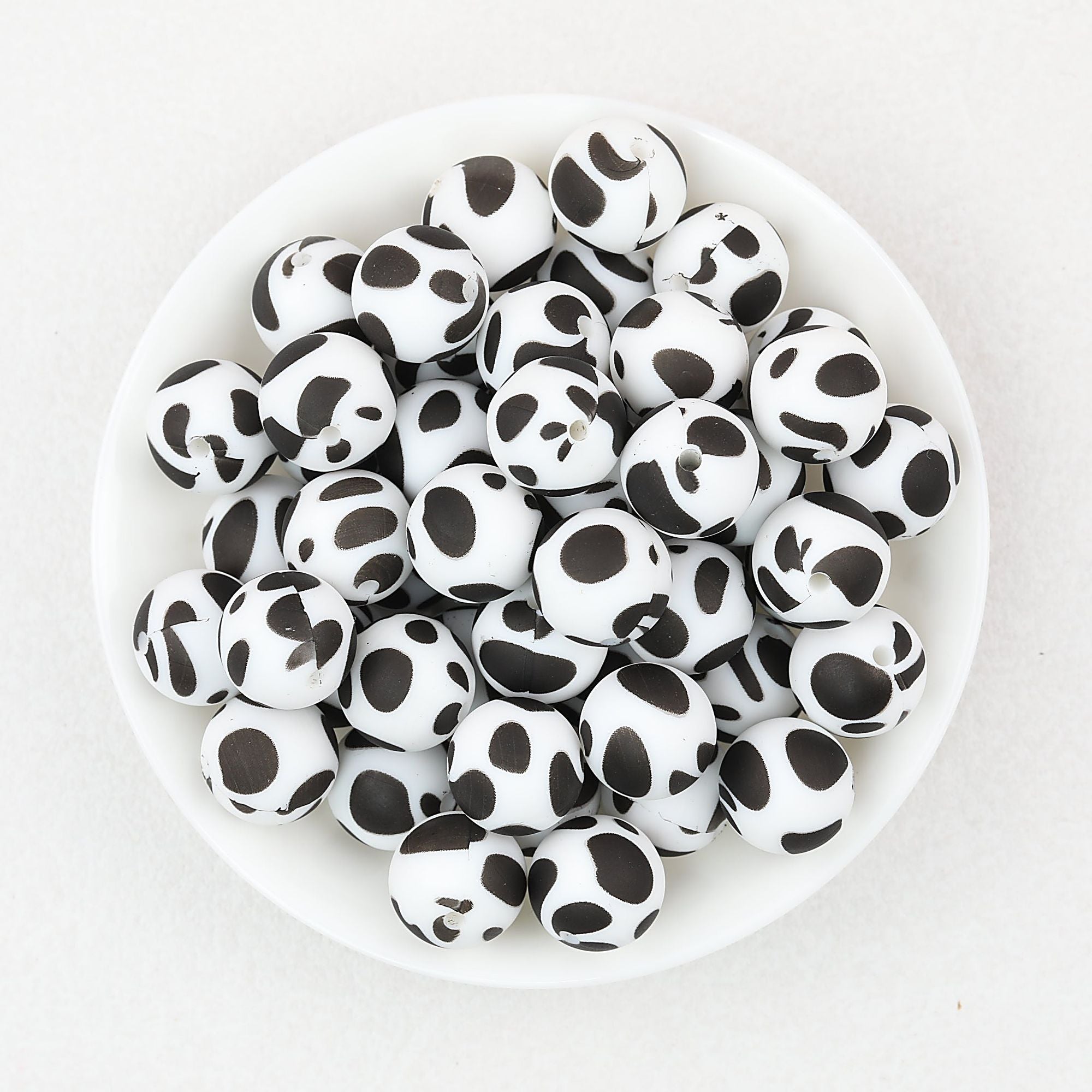 15mm Black and White Patterned Silicone Round Beads 50pcs - Spotted Cow